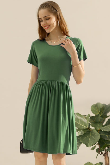 Ninexis Full Size Round Neck Ruched Dress with Pockets OLIVE