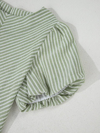 Stripe Textured Round Neck Short Puff Sleeve Blouse