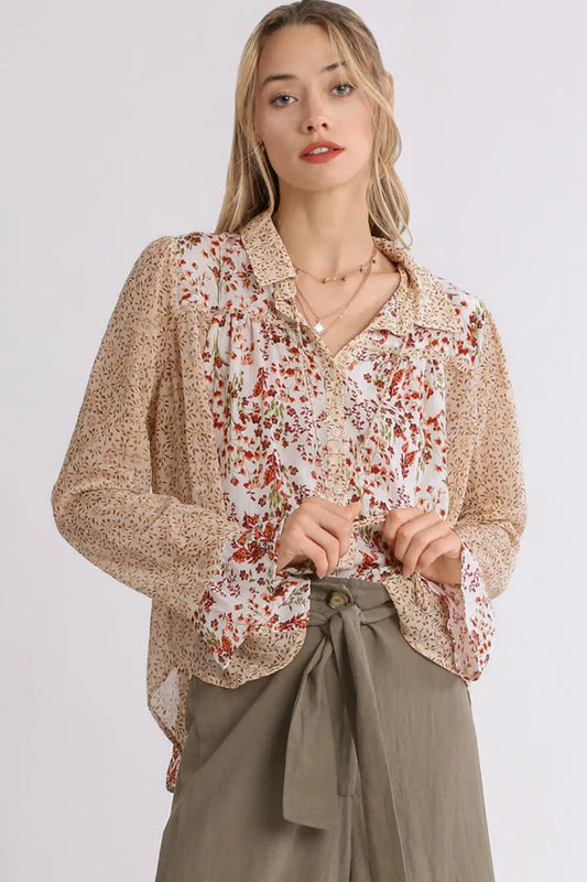 Umgee Full Size Mixed Print Metallic Detail Long Ruffle Sleeve Button Down Shirt Plus Size OFF WHITE MIX