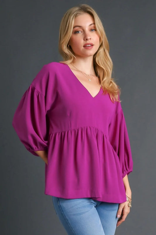 Umgee Full Size V-Neck Puffed 3/4 Sleeve Babydoll Blouse Plus Size