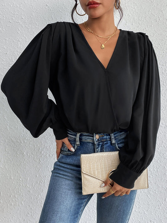 Perfee Surplice Ruched Long Sleeve Bodysuit Black