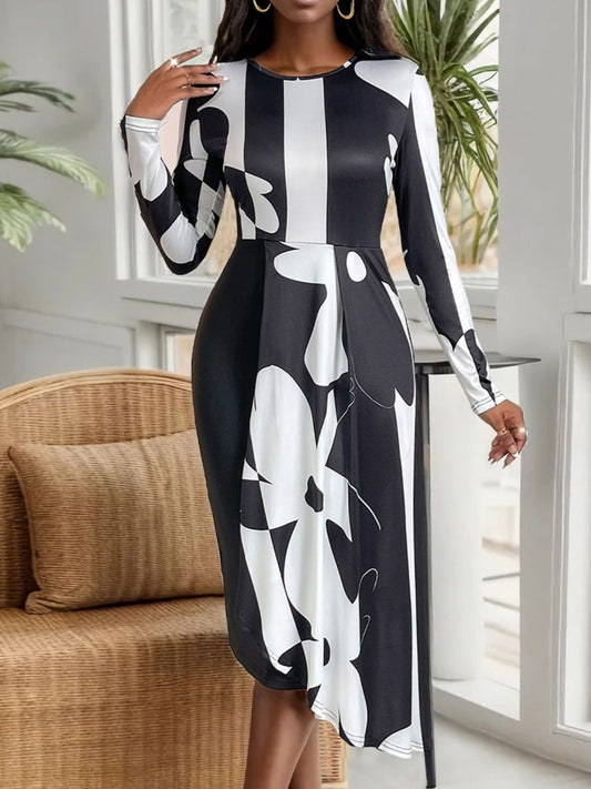 Perfee Asymmetrical Slit Round Neck Long Sleeve Midi Dress Black