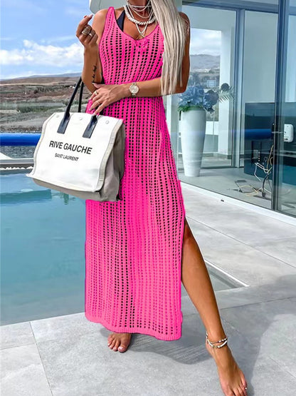 Openwork Slit Cutout Wide Strap Dress Hot Pink