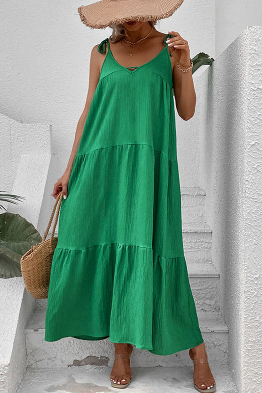 Perfee Tie-Shoulder Tiered Maxi Dress Green