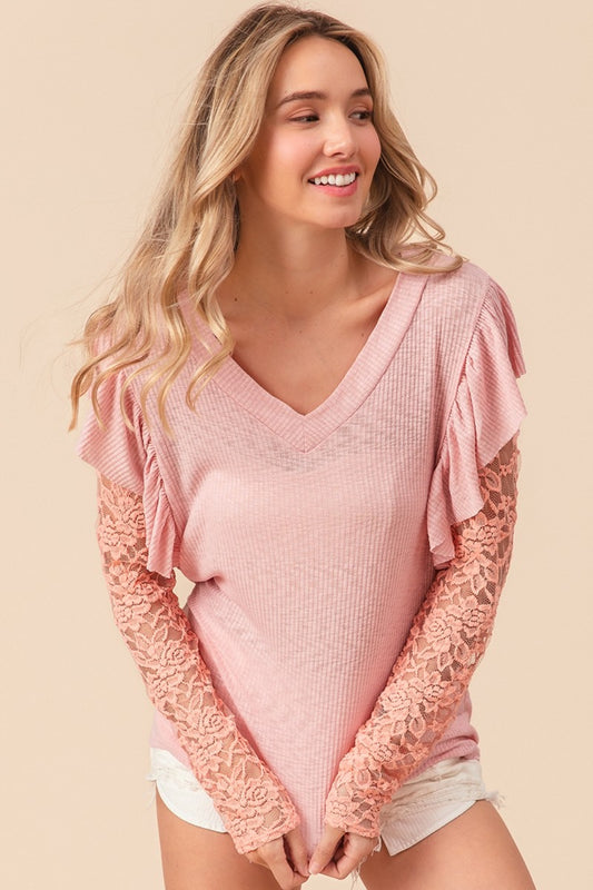 BiBi Ruffled Lace Sleeve Rib Knit Top Blush Pink