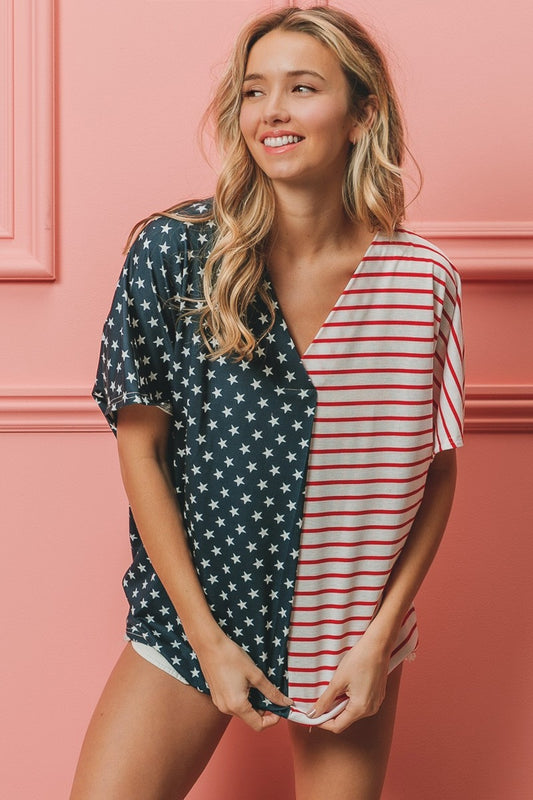 BiBi US Flag Themed Color Block Short Sleeve T-Shirt Navy Red Stripe