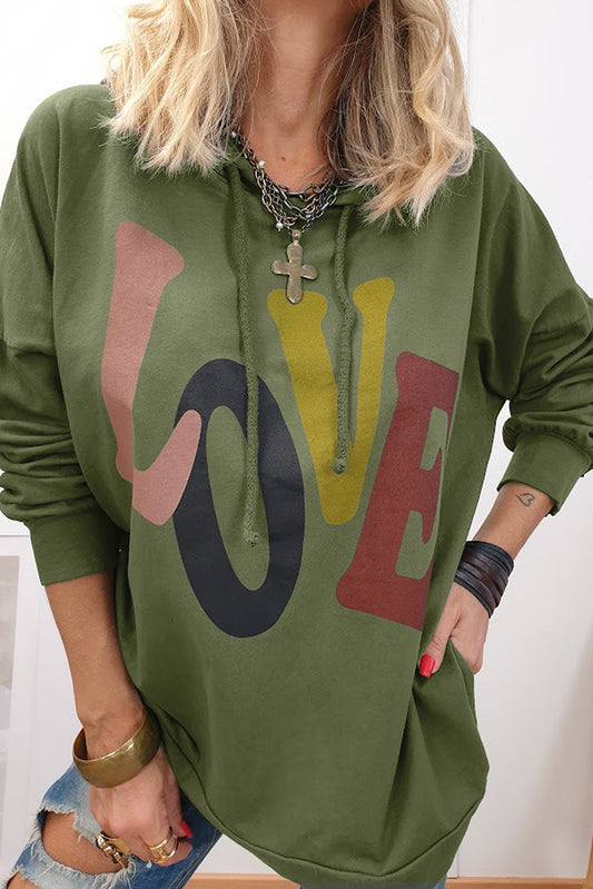 LOVE Drawstring Dropped Shoulder Hoodie Matcha Green