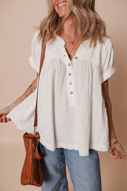Textured Short Sleeve Buttons Frayed Blouse White