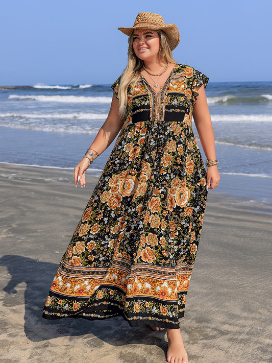 Plus Size Printed V-Neck Ruffle Cap Sleeve Maxi Dress Black