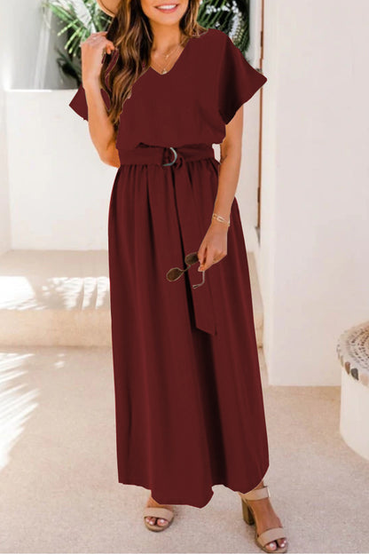 Ruched V-Neck Cap Sleeve Dress Burgundy