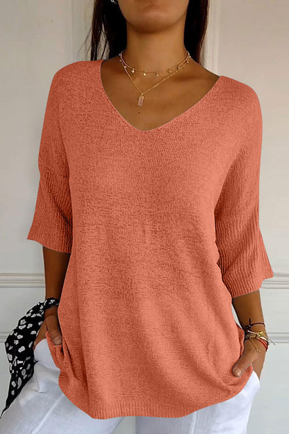 V-Neck Three-Quarter Sleeve Knit Top Orange One Size