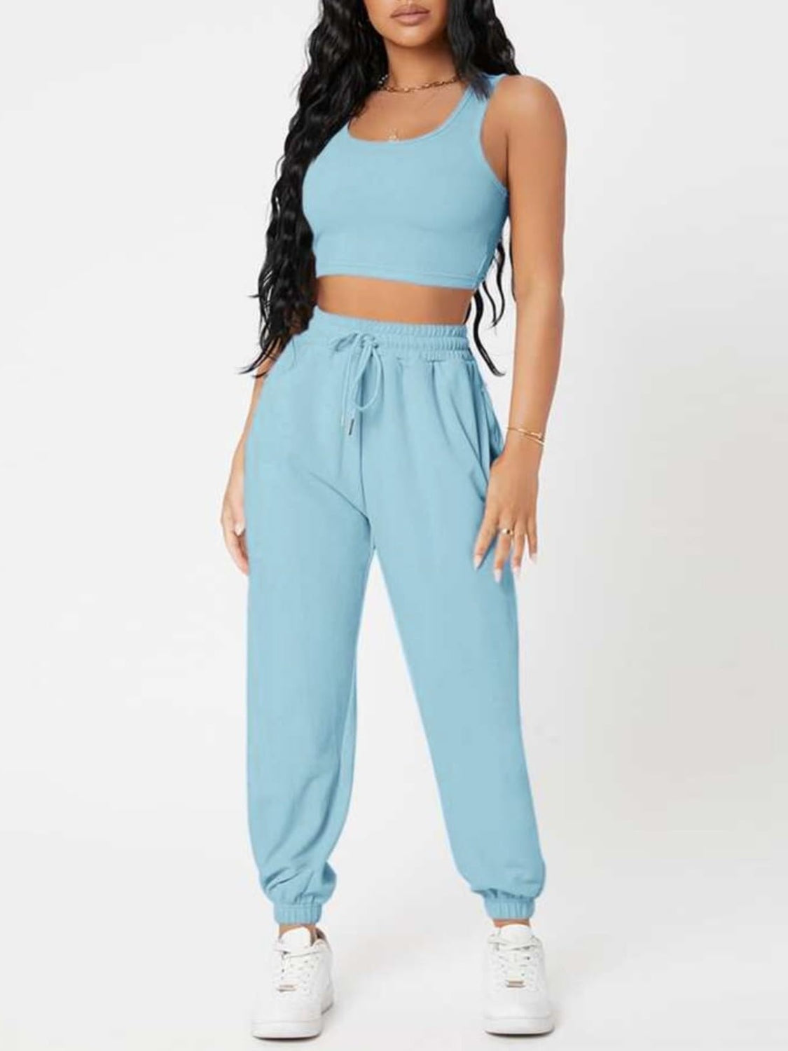 Wide Strap Top and Drawstring Joggers Set Blue