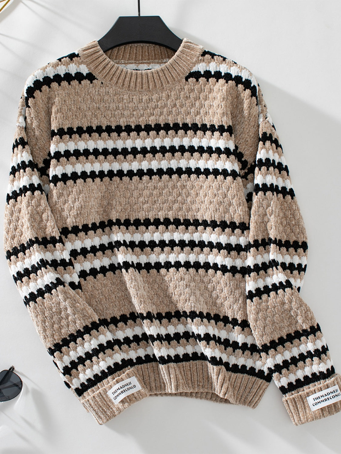 Striped Round Neck Long Sleeve Sweater Camel