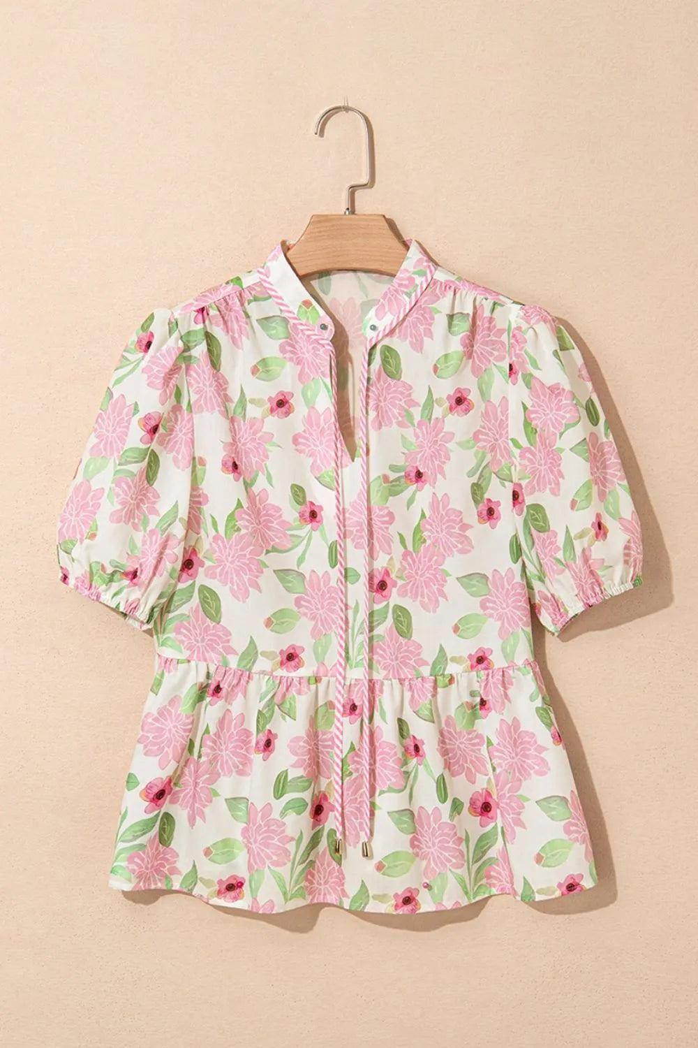 Printed Tie Neck Short Sleeve Blouse