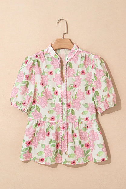 Printed Tie Neck Short Sleeve Blouse