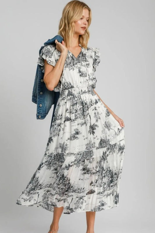 Umgee Full Size Two Tone Landscape Print Midi Dress Plus Size Black