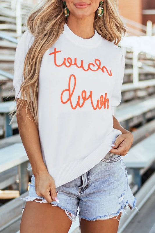 TOUCH DOWN Mock Neck Short Sleeve Knit Top White