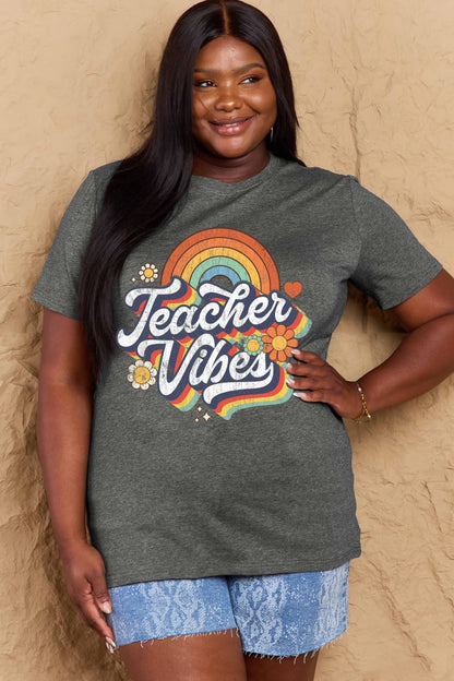 Simply Love Full Size TEACHER VIBES Graphic Cotton T-Shirt Dark Gray
