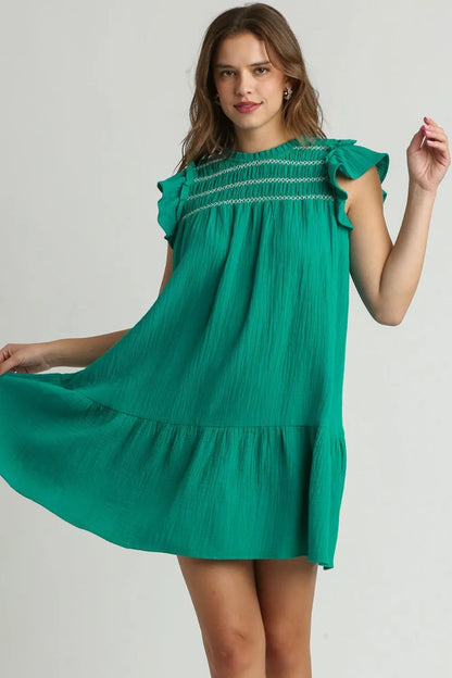 Umgee Full Size Smocked Contrast Stitching Ruffle Cap Sleeve Round Neck Dress Plus Size JADE GREEN