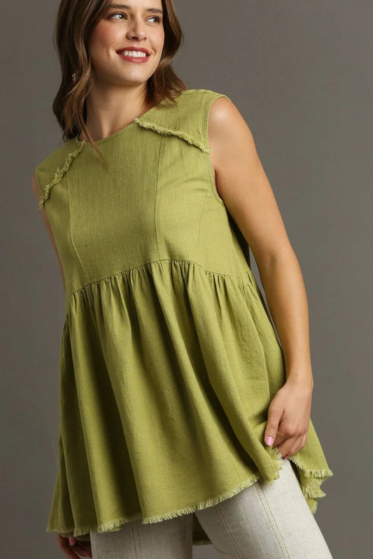 Umgee Full Size Raw Hem Linen Round Neck Sleeveless Top Plus Size Yellow-Green