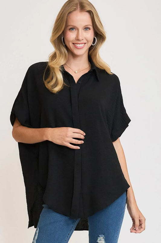 Umgee Full Size High-Low Button Up Short Sleeve Shirt Black
