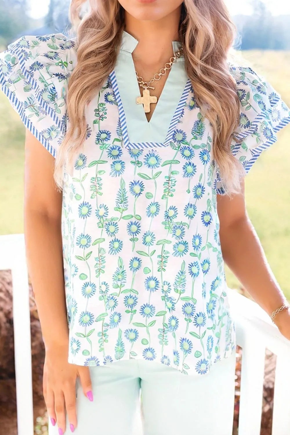 Floral Print Notched Ruffled Sleeve Blouse