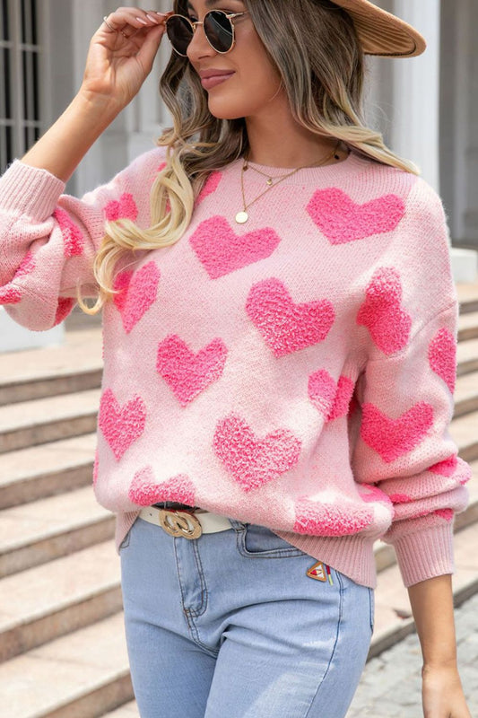 Valentine's Day Heart Jacquard Round Neck Sweater Blush Pink