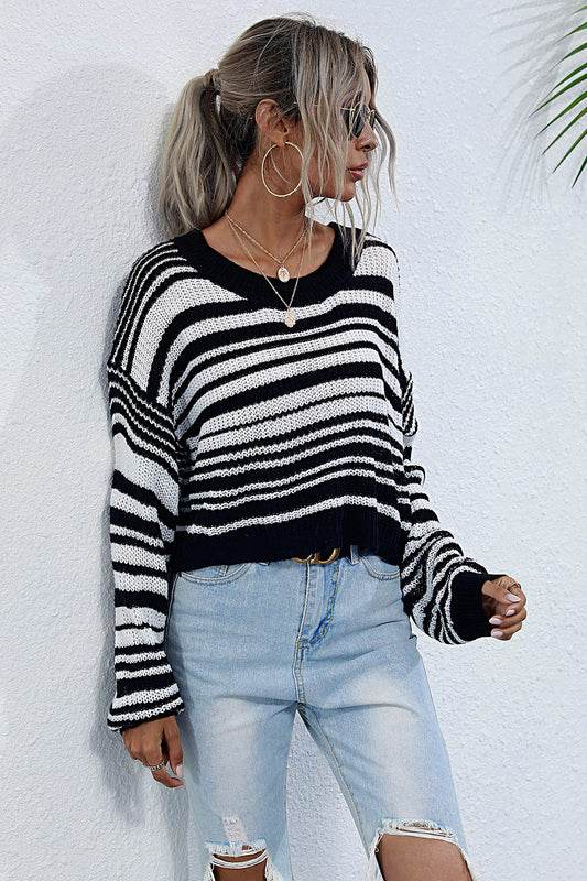 Perfee Striped Round Neck Dropped Shoulder Sweater Black
