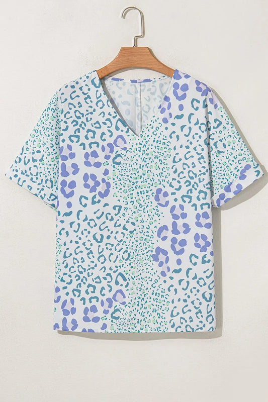 Leopard Print V Neck Short Sleeve Blouse