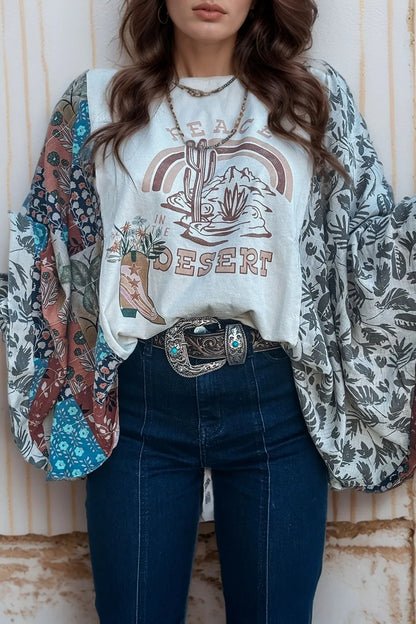 Peace Desert Graphic Asymmetric Printed Patchwork Sleeve Top