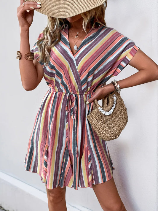 Striped Surplice Short Sleeve Dress Multicolor