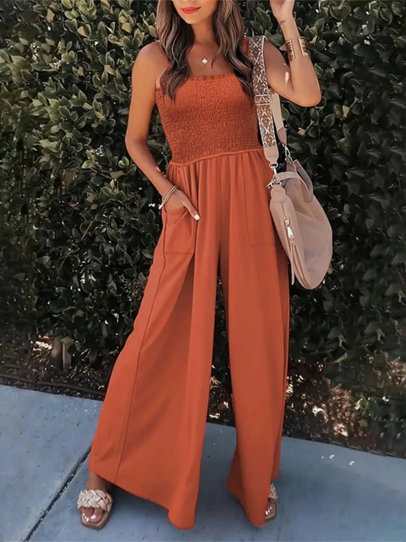 Smocked Wide Leg Jumpsuit Rust