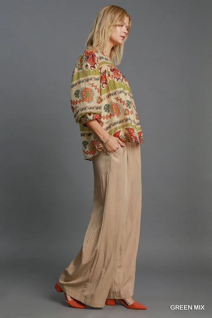 Umgee Full Size Border Print Notched 3/4 Puff Sleeve Blouse Plus Size