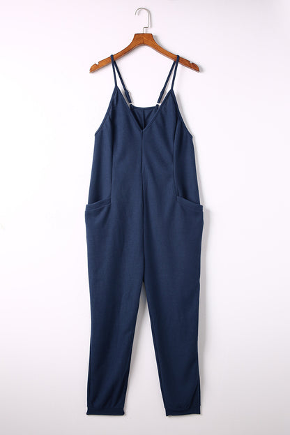 Spaghetti Strap Deep V Jumpsuit with Pockets Navy