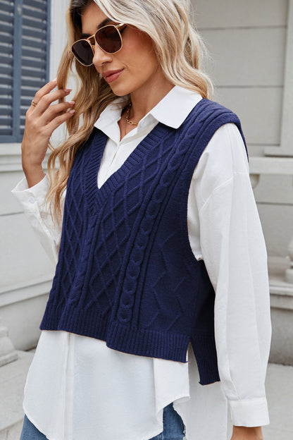 Cable-Knit V-Neck Sweater Vest Dark Navy