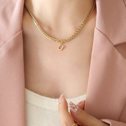 Brass Inlaid Zircon Letter Pendant Necklace Style U One Size