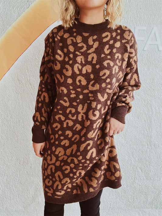 Leopard Round Neck Long Sleeve Sweater Ochre One Size