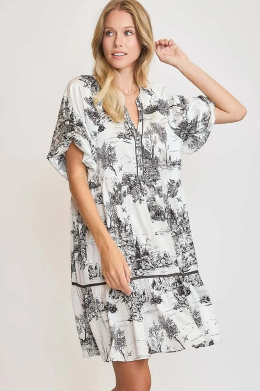 Umgee Full Size Two Tone Landscape Print Dress Plus Size Black