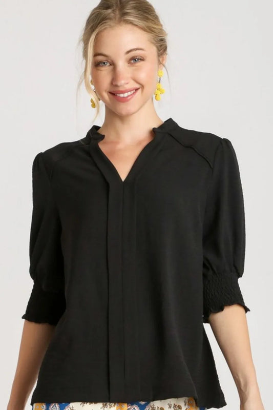 Umgee Full Size Split Neck Boxy Cut Top with Piping Details Plus Size Black