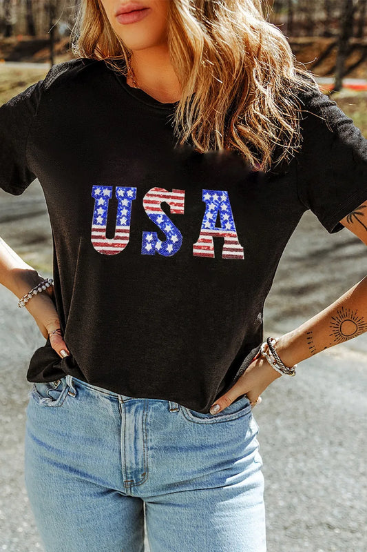 USA Round Neck Short Sleeve T-Shirt Black