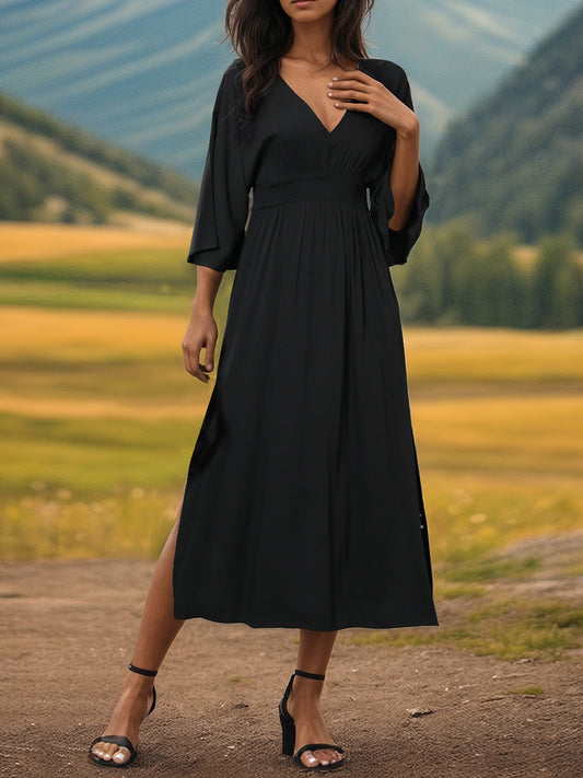 Perfee Slit V-Neck Long Sleeve Midi Dress Black