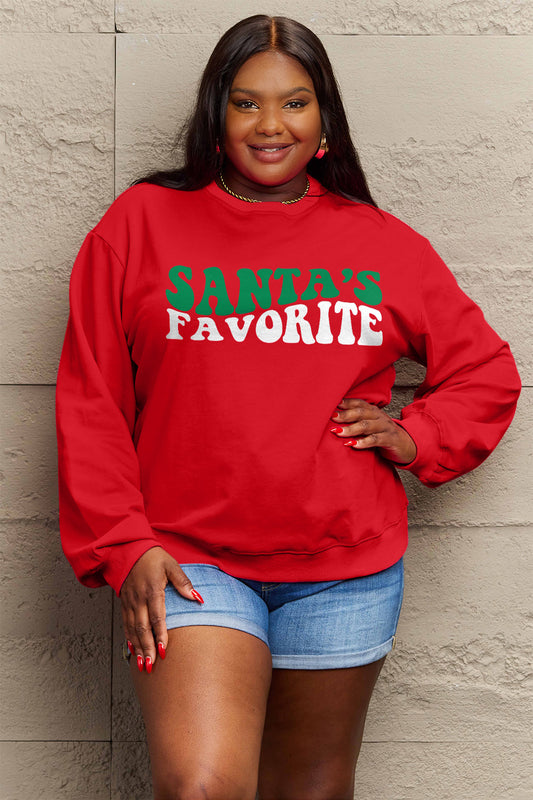Simply Love Full Size SANTA'S FAVORITE Round Neck Sweatshirt Burgundy