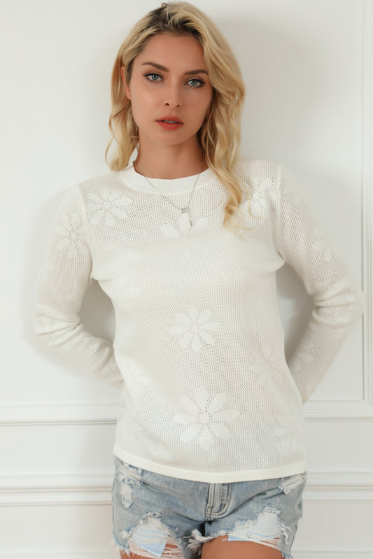 Floral Eyelet Round Neck Long Sleeve Knit Top White