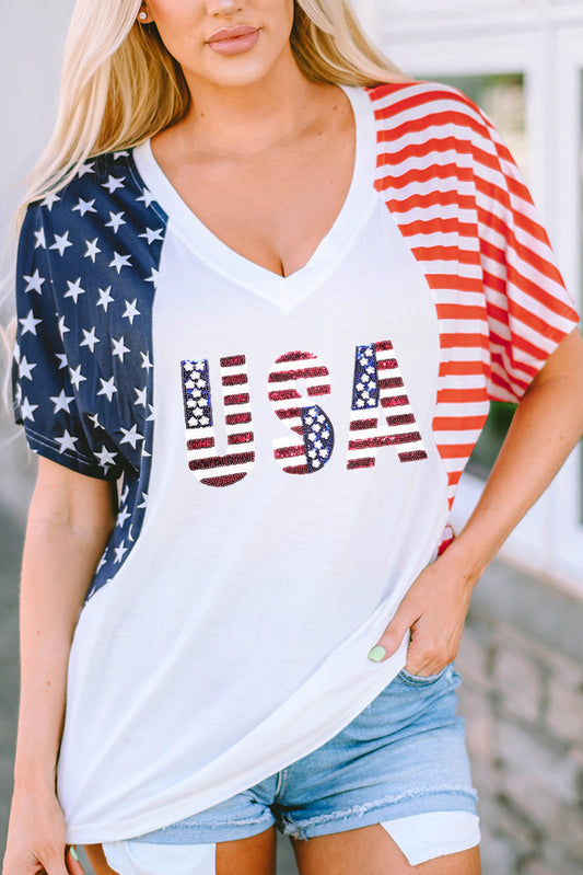 USA V-Neck Short Sleeve T-Shirt White