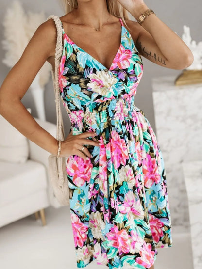 Tropical Print Spaghetti Strap Mini Dress Pink Green Flower