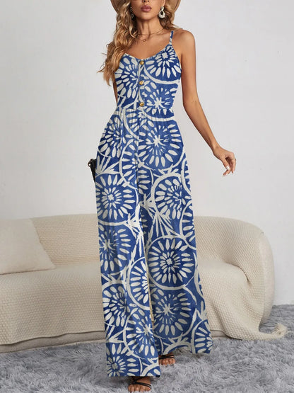 FAM-FAM Decorative Button Spaghetti Strap Wide Leg Jumpsuit Blue