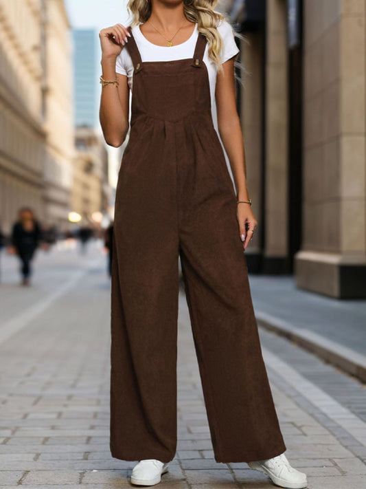 Perfee Square Neck Wide Strap Overalls Brown