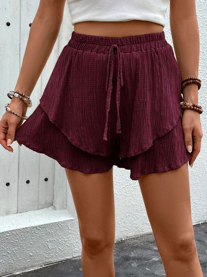 Perfee Tied Layered High Waist Shorts Burgundy