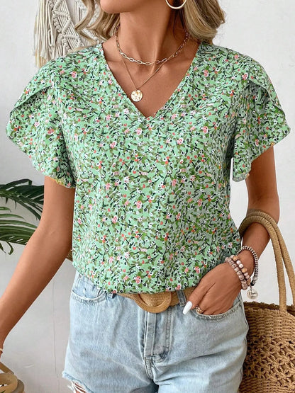 Floral Print V-Neck Short Sleeve Blouse Green