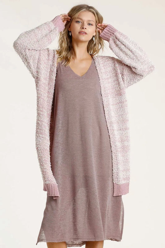 Umgee Full Size Ribbed Hem Open Front Longline Cardigan Plus Size Blush Pink